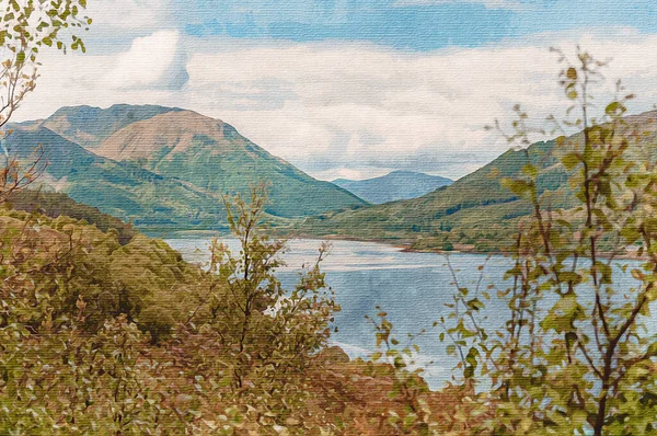 Akvarel Plátně Cestovní Ilustrace Skotsko Velká Británie Evropa Horská Krajina — Stock fotografie