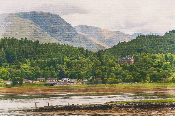 Akvarellfestés Vásznon Utazási Illusztráció Skócia Nagy Britannia Európa Hegyvidéki Táj — Stock Fotó