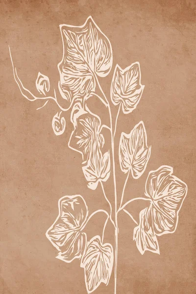 Printable trendy botanical card. Use for cover, wallpaper, wall art. Brown color . Vintage grunge old . Leaves