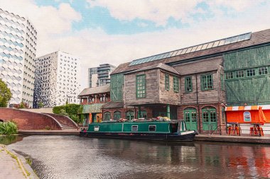 Birmingham İngiltere Seyahat İllüstrasyonu. Tuval üzerinde suluboya boya resim. Mimari