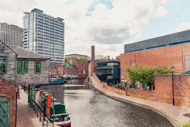 Birmingham İngiltere Seyahat İllüstrasyonu. Tuval üzerinde suluboya boya resim. Mimari