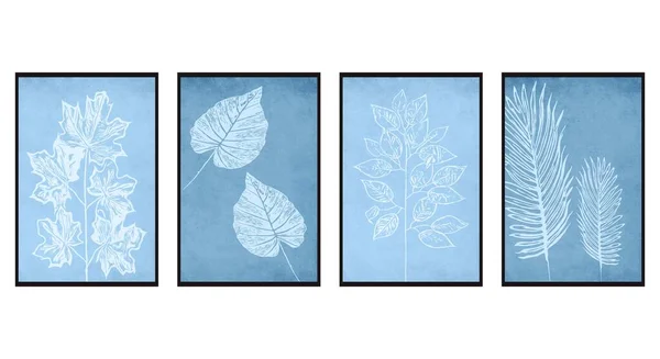 一套四套植物墙艺术 植物线条艺术 以抽象的形式绘画 框架壁纹 帆布纹 家居装饰的花卉图案摘要 — 图库矢量图片