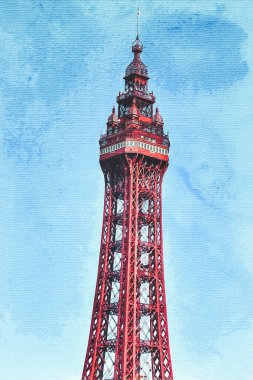 Watercolor painting on canvas. Blackpool England. Travel illustration. 