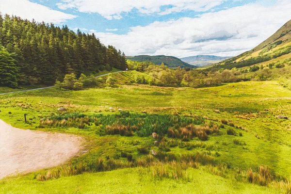 帆布上的水彩画 旅行说明 苏格兰 大不列颠 山区景观 — 图库照片