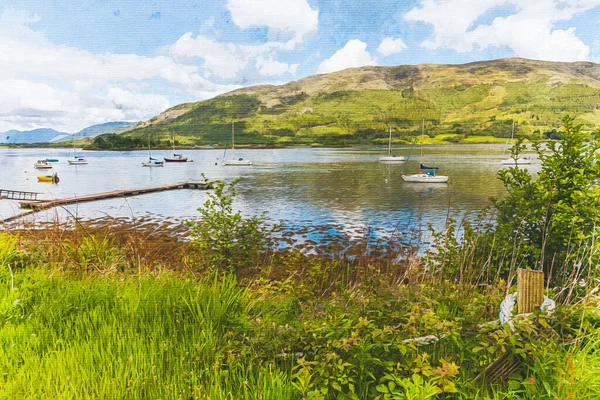 Akvarel Plátně Cestovní Ilustrace Skotsko Velká Británie Evropa Horská Krajina — Stock fotografie