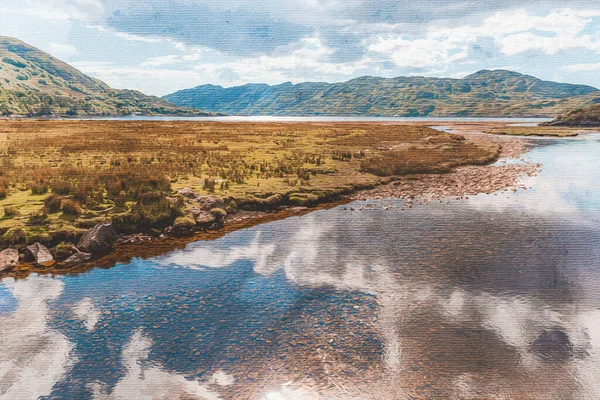 帆布上的水彩画 旅行说明 苏格兰 大不列颠 山区景观 — 图库照片