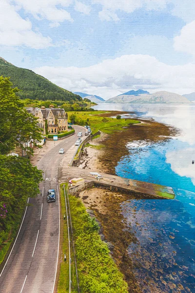 Pintura Aquarela Sobre Tela Ilustração Viagem Escócia Grã Bretanha Europa — Fotografia de Stock
