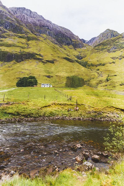 Aquarell Auf Leinwand Reiseillustration Schottland Großbritannien Europa Berglandschaft — Stockfoto