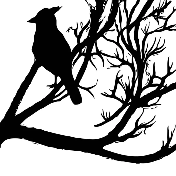 Ilustración Blanco Negro Pájaro Negro Árbol —  Fotos de Stock