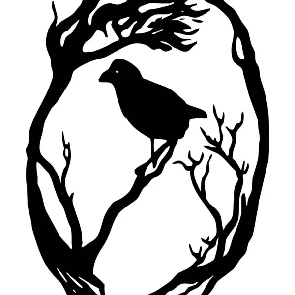 Черно Белая Иллюстрация Чёрная Птица Дереве — стоковое фото