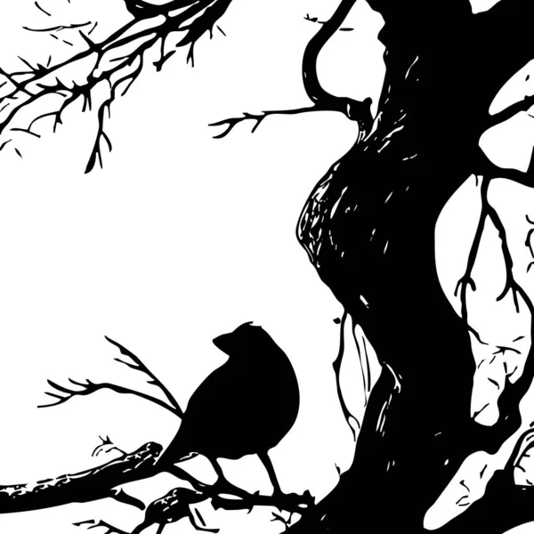 Svart Och Vit Illustration Svart Fågel Ett Träd — Stockfoto