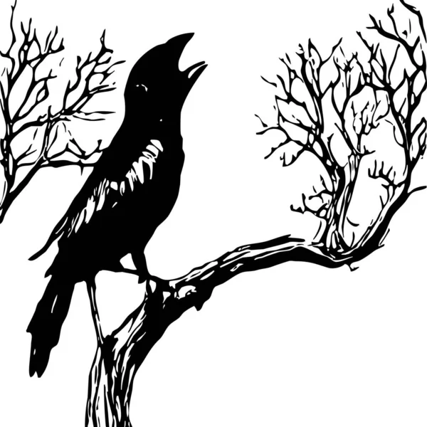 白黒のイラスト 木の上の黒い鳥 — ストック写真