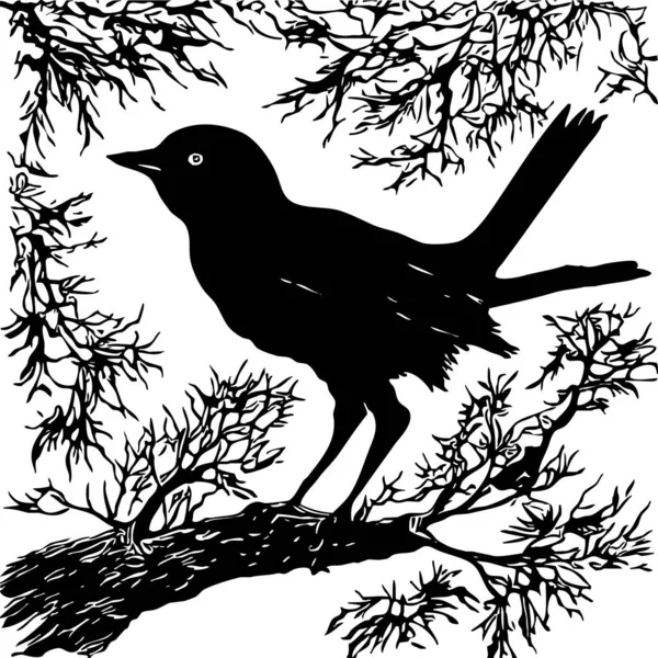 白黒のイラスト 木の上の黒い鳥 — ストック写真
