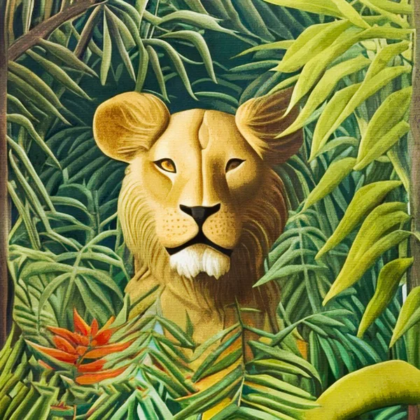 帆布上的水彩画 可打印的植物图解 织物图案 用于图形 图例中的狮子 — 图库照片