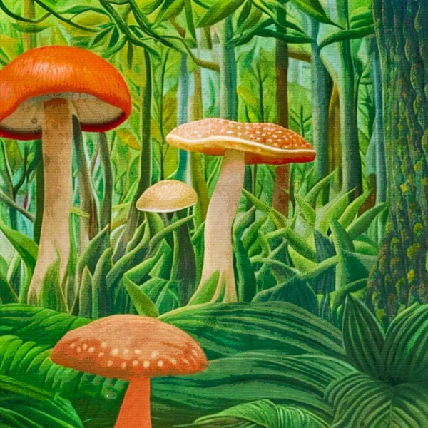 キャンバス上の水彩画 印刷可能な植物イラスト 布パターン グラフィックで使用するために 森のキノコ — ストック写真