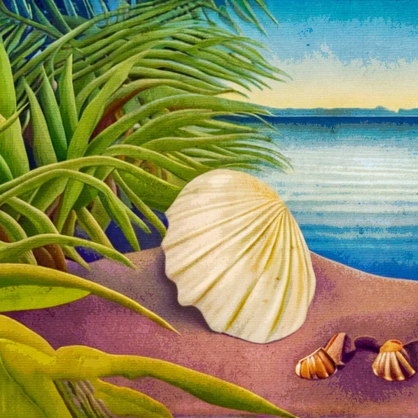 キャンバス上の水彩画 印刷可能な植物イラスト 布パターン グラフィックで使用するために 浜辺の貝殻 — ストック写真
