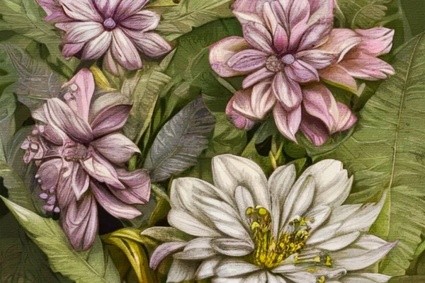 帆布上的水彩画 可打印的植物图解 织物图案 用于图形艺术 — 图库照片