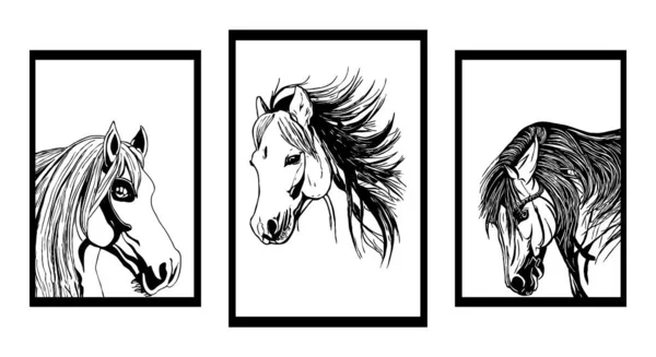 Три Минимальные Черно Белые Иллюзии Лошади — стоковый вектор