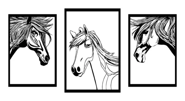 Collection Minimalistic Black White Illustrations Horses — Stock Vector