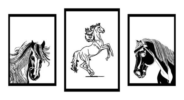 Три Минимальные Черно Белые Иллюзии Лошади — стоковый вектор