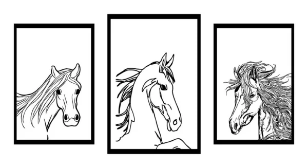 Coleção Ilustrações Minimalistas Preto Branco Cavalos — Vetor de Stock