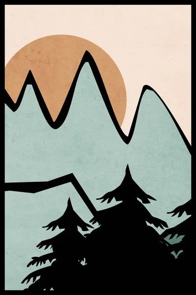 Minimalistyczna Ilustracja Druku Okładkę Krajobraz Górski — Zdjęcie stockowe