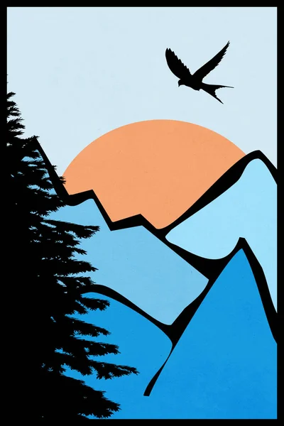 Ilustración Minimalista Para Imprimir Para Portada Paisaje Montaña — Foto de Stock