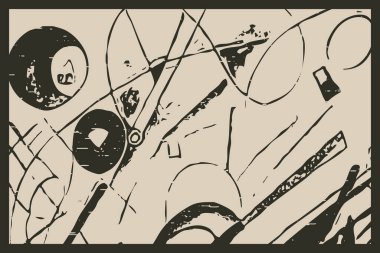 Kandinsky 'nin çalışmalarından esinlenilmiş soyut illüstrasyon. Açık arkaplanda koyu şekiller. 