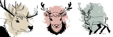 Beyaz arka planda siyah ren geyiği. Hayvanlar çizgi sanatı. Logo tasarımı, grafiklerde kullanılmak üzere, t-shirtler için desen. 