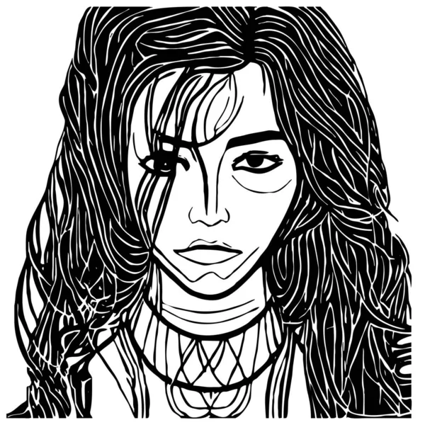 虚构的女性角色 黑白线条艺术 用于图形的标志设计 T恤衫印花纹身设计 — 图库照片