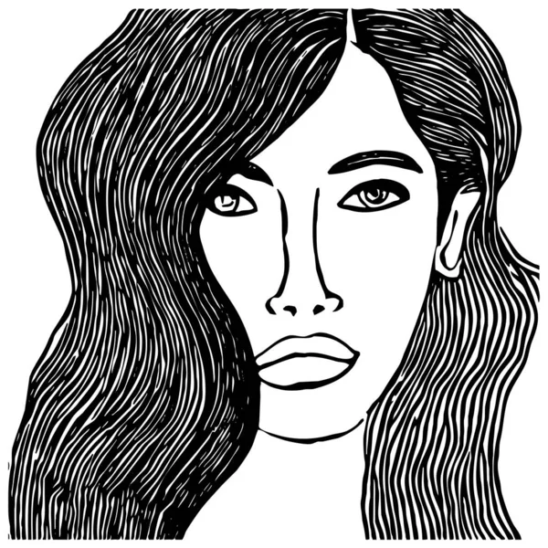 Fictional female character. Black and white line art. Logo design for use in graphics. T-shirt print, tattoo design.