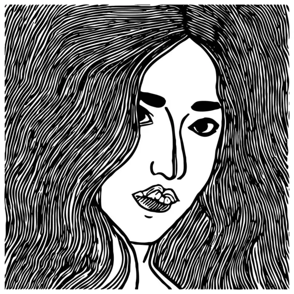 Fictional female character. Black and white line art. Logo design for use in graphics. T-shirt print, tattoo design.