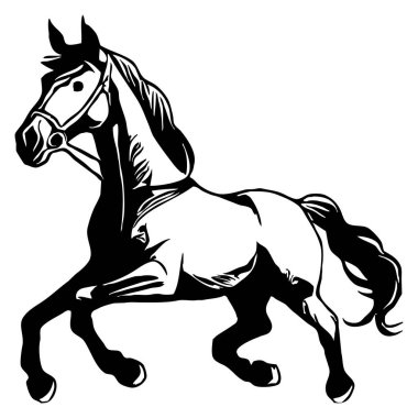 Beyaz arka planda siyah at. Hayvan çizgisi sanatı. Logo tasarımı, grafiklerde kullanım için. Tişört baskısı, dövme kalıbı. 