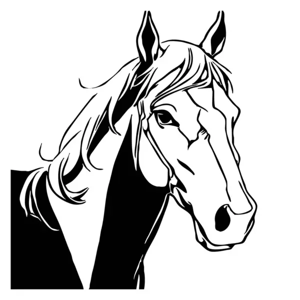 Black horse on a white background. Animal line art. Logo design, for use in graphics. Print for T-shirts, pattern for tattoos.