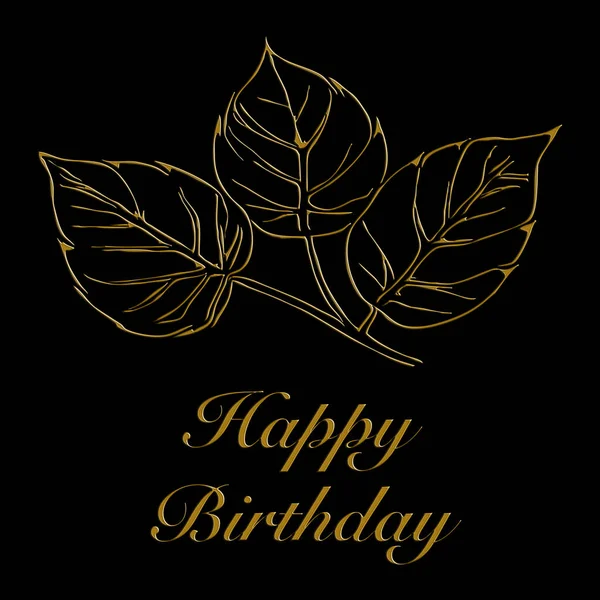 Projeto Feliz Cartão Aniversário Padrão Botânico Dourado Sobre Fundo Preto — Fotografia de Stock