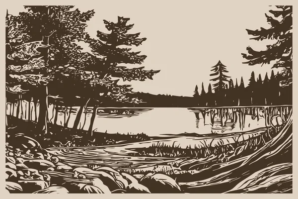 Landscape by the lake. Line art. Logo design for use in graphics. T-shirt print, tattoo design. Minimalist illustration for printing on wall decorations.