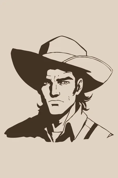 Cowboy . Fictional character . Line art. Logo design for use in graphics. T-shirt print, tattoo design. Minimalist illustration for printing on wall decorations.