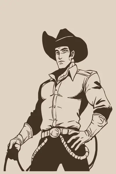Cowboy . Fictional character . Line art. Logo design for use in graphics. T-shirt print, tattoo design. Minimalist illustration for printing on wall decorations.