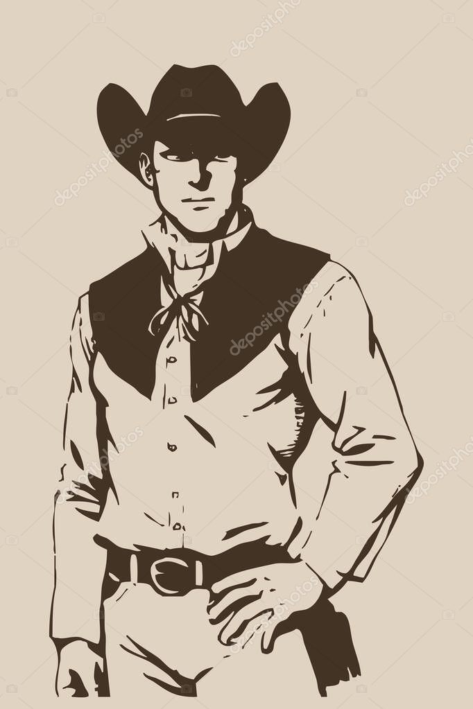 Cowboy . Fictional character . Line art. Logo design for use in graphics. T-shirt print, tattoo design. Minimalist illustration for printing on wall decorations.