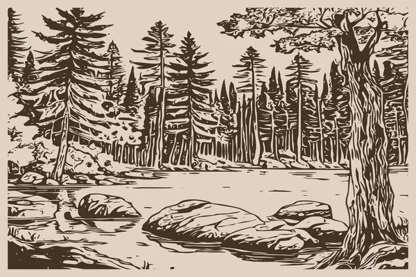 Landscape by the lake. Line art. Logo design for use in graphics. T-shirt print, tattoo design. Minimalist illustration for printing on wall decorations.