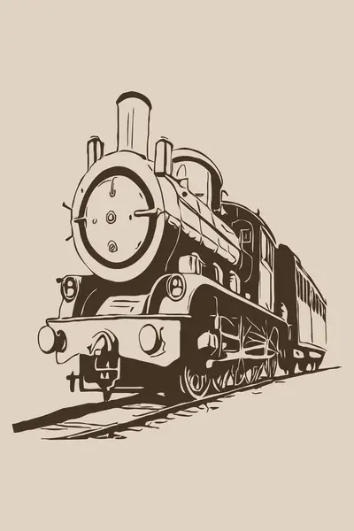 Antique locomotive. Line art. Logo design for use in graphics. T-shirt print, tattoo design. Minimalist illustration for printing on wall decorations.