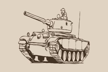 Tank . Çizgi çalışması. Grafiklerde kullanmak için logo tasarımı. Tişört izi, dövme tasarımı. Duvar dekorasyonlarına yazdırmak için minimalist illüstrasyon. 