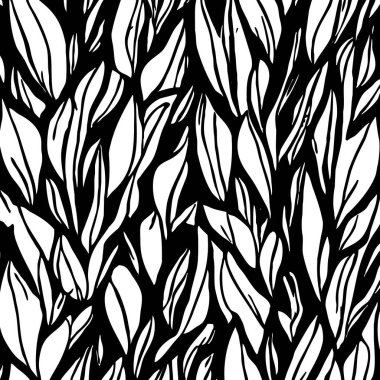 Siyah beyaz botanik deseni. Grafiklerde ve malzemelerde kullanmak için. Soyut bitki şekilleri. Duvar dekorasyonlarına yazdırmak için minimalist illüstrasyon.