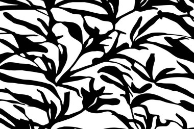 Siyah beyaz botanik deseni. Grafiklerde ve malzemelerde kullanmak için. Soyut bitki şekilleri. Duvar dekorasyonlarına yazdırmak için minimalist illüstrasyon.