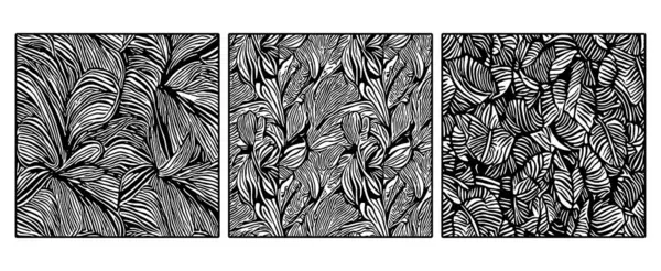 Set of 3 Black and white botanical pattern. For use in graphics, materials. Abstract plant shapes. Minimalist illustration for printing on wall decorations.