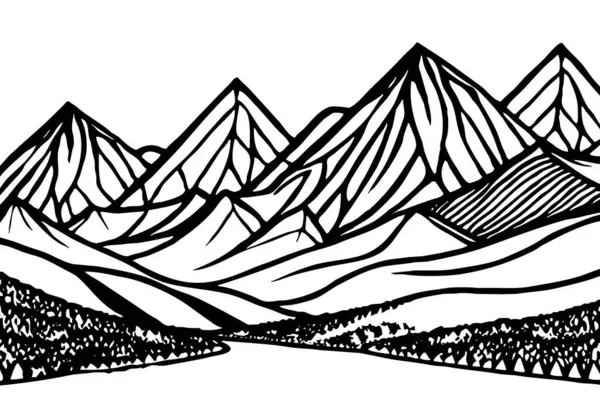 Black and white  illustration. Mountain landscape  on a white background .