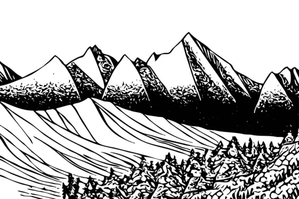 Black and white  illustration. Mountain landscape  on a white background .