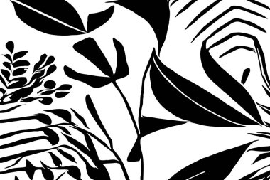 Siyah beyaz botanik deseni. Grafiklerde ve malzemelerde kullanmak için. Soyut bitki şekilleri. Duvar dekorasyonlarına yazdırmak için minimalist illüstrasyon.