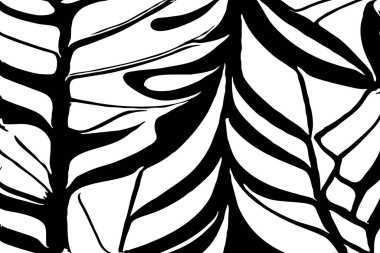 Siyah beyaz botanik deseni. Grafiklerde ve malzemelerde kullanmak için. Soyut bitki şekilleri. Duvar dekorasyonlarına yazdırmak için minimalist illüstrasyon.