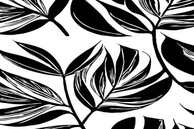 Siyah beyaz botanik deseni. Grafiklerde ve malzemelerde kullanmak için. Soyut bitki şekilleri. Duvar dekorasyonlarına yazdırmak için minimalist illüstrasyon.